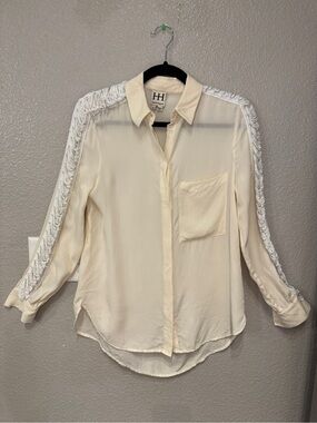 Haute Hippie 100% Silk Fringe Chain Embellished Button Down Blouse Ivory Size S